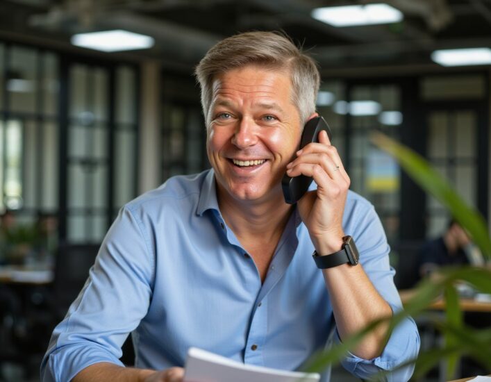 Vertriebler lacht am Telefon nach erfolgreicher Abschlusstechnik